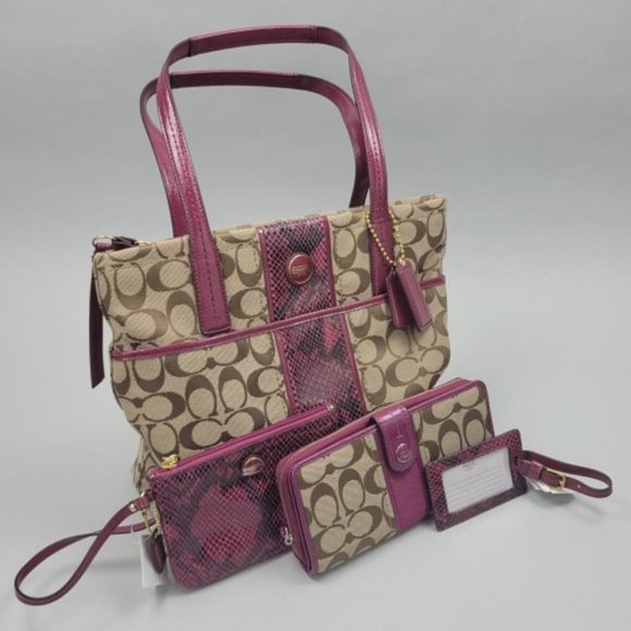 Coach Handbags - SOLD! Coach 4 Piece Canvas & Pink Python Tote Wallet Wristlet & bag tag matching